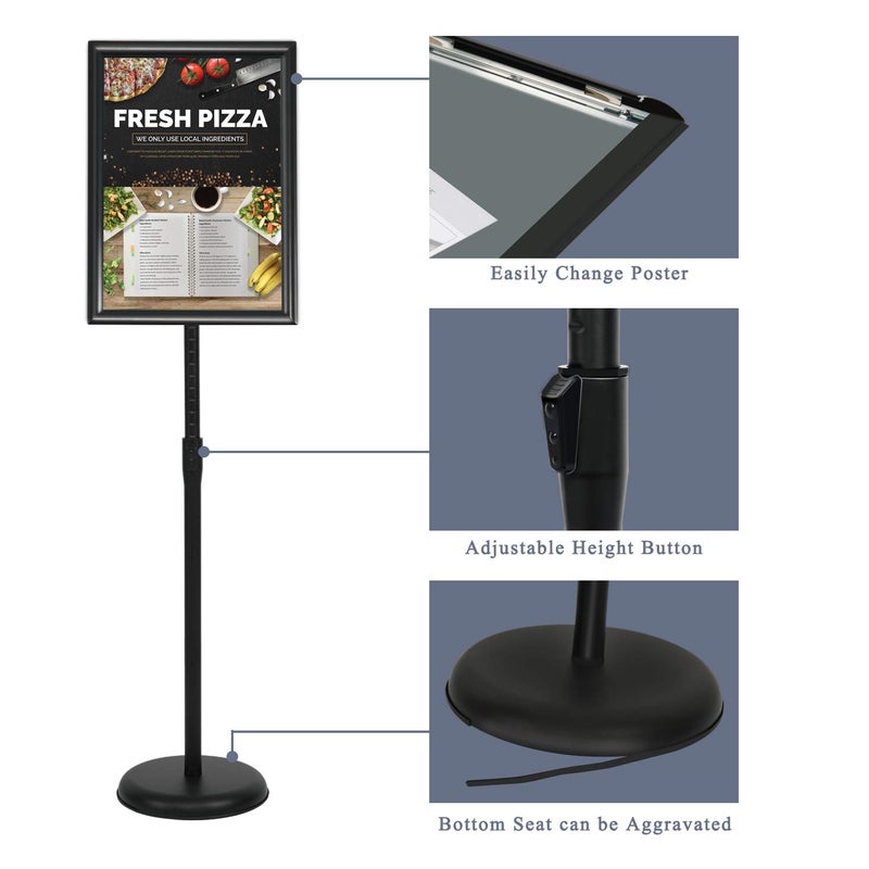 VAIIGO 11 x 17 Inch Adjustable Pedestal Sign Holder Poster Stand, Heavy Duty Floor Standing Sign Holder Stand Aluminum Snap Open Display Frame for Vertical and Horizontal View Sign Displayed(Black) - Image 4
